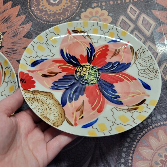 Gracie's Teaware Red Black Yellow Floral 8 Inch Set of 2 Tea Pastry Plates - Picture 3 of 9